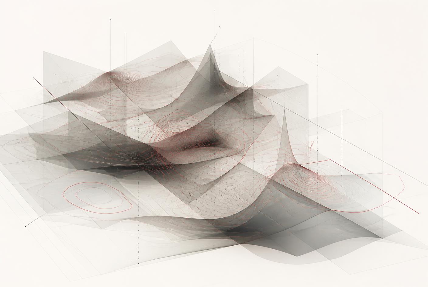Generative artwork of overlapping grey data surfaces traced with red isolines