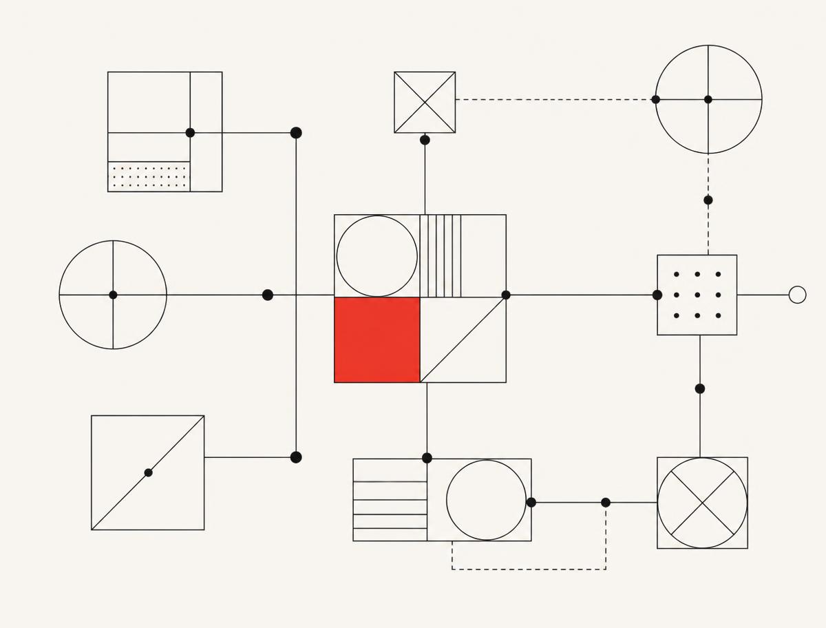 Line diagram of modules connected by solid and dashed paths with a single red element