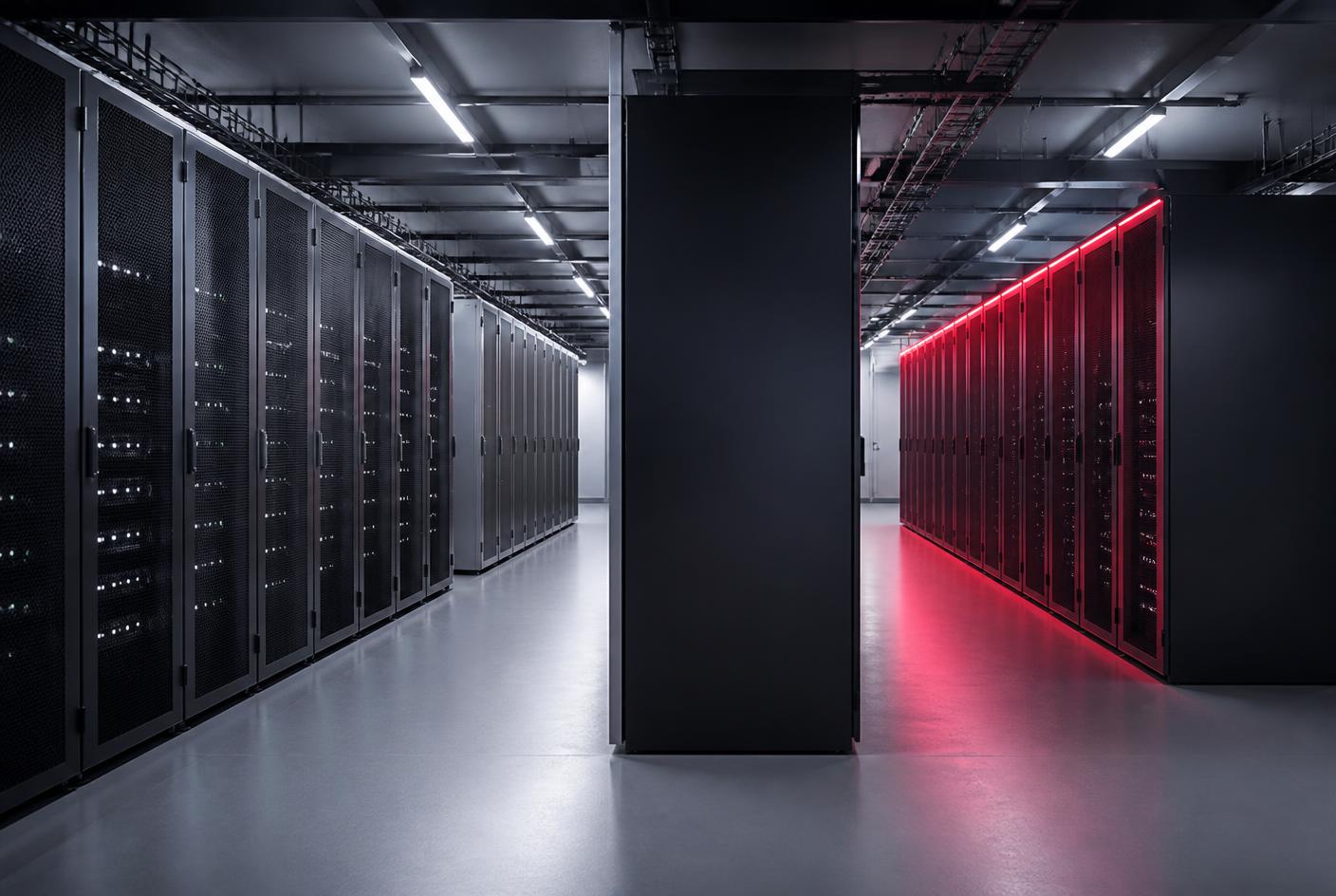 Data centre aisle with grey server racks on one side and a red-lit rack row on the other