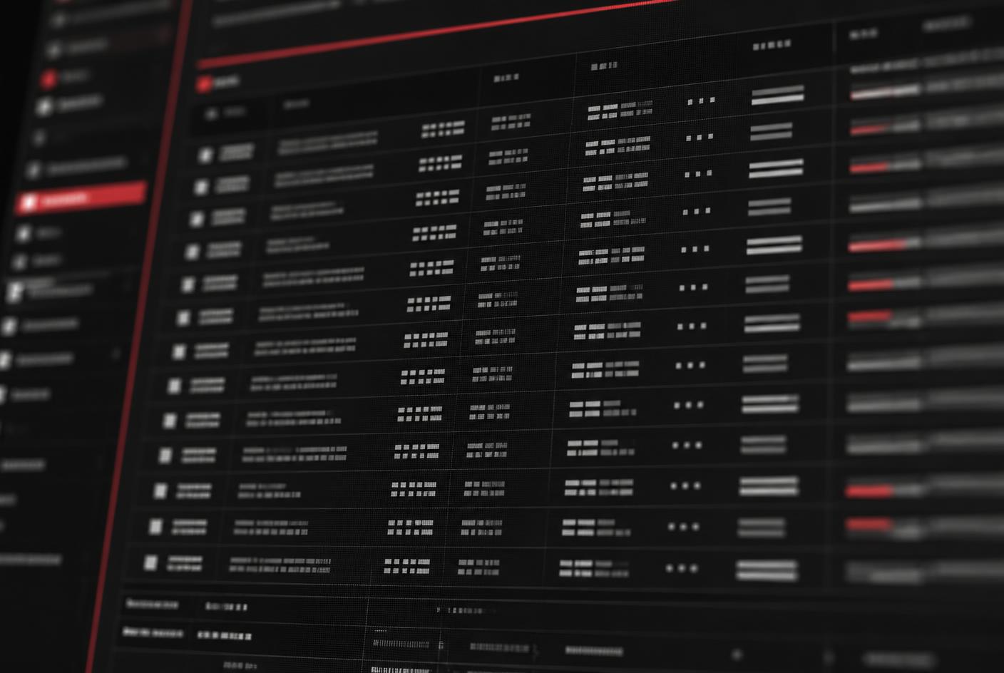 Detail of an application interface showing tabular data rows and a red highlighted navigation item